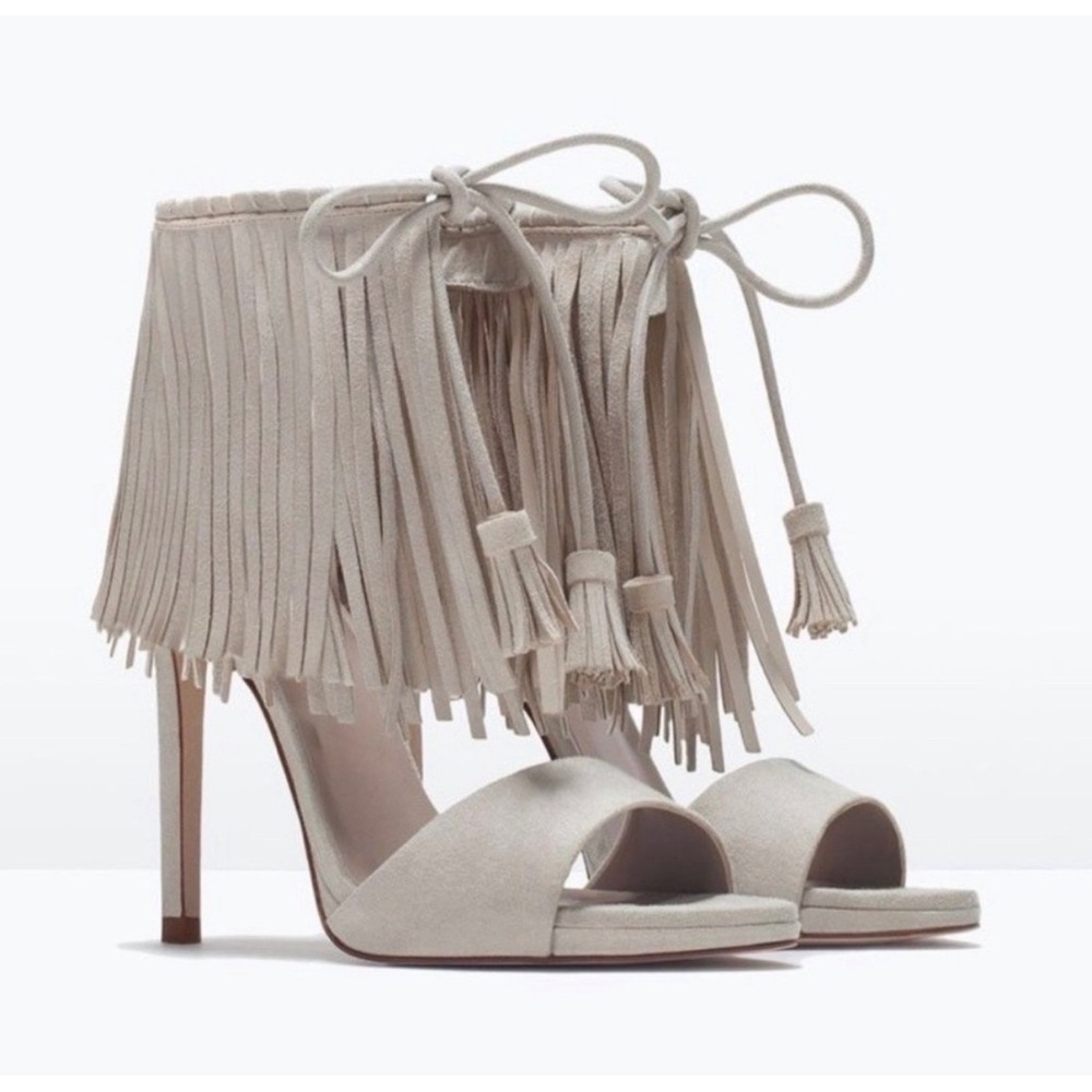 Zara Beige Faux Suede Fringe Lace Up Tassel Stiletto Heeled Sandals Size 8  NWT